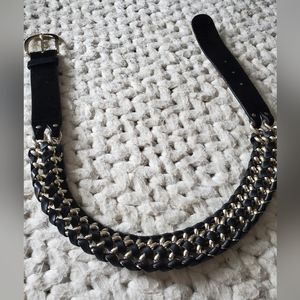 Reiss Belt Black Genuine Leather Braided Chain Gold Tone Buckle Sz S